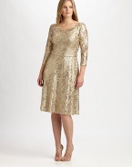 Shimmer and shine, a stunning style featuring a gorgeous metallic lace and allover sequins. Round neckThree-quarter sleevesAllover beadingConcealed back zipperFully linedAbout 23 from natural waist70% polyester/30% metallic threadDry cleanMade in USA of imported fabric