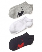 A 3-pack of low-cut ankle socks with a large contrast logo printed on sole. Style #7473PK
