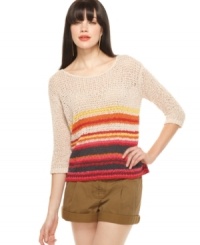 With bright stripes, this sheer Rachel Rachel Roy sweater is a hot layering piece for spring! With bright stripes, this sheer Rachel Rachel Roy sweater is a hot layering piece for spring!