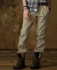 A crisp cotton twill chino pant earns its rank as a go-to favorite with subtle vintage fraying and a slim fit. A crisp cotton twill chino pant earns its rank as a go-to favorite with subtle vintage fraying and a slim fit.