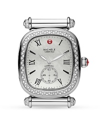Be fashionably on time. With a mother-of-pearl dial and diamond-encrusted bezel, Michele's Caber watch is a glamorous take on a classic style. Be fashionably on time. With a mother-of-pearl dial and diamond-encrusted bezel, Michele's Caber watch is a glamorous take on a classic style.