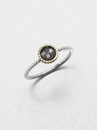 From the Zasha Collection. A delicate design that features unique grey diamonds and 14k gold accented blackened sterling round on a sterling silver shank. Grey diamonds, .03 tcw14k goldSterling silverBlackened sterling silverImported 