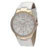 GUESS Women's W13556L1 Round Case Gold Dial Crystal Bezel White Leather Strap Watch