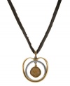 All it takes is two. Lucky Brand's double-circle pendant necklace features a dangling pendant at the middle with a semi-precious tiger's eye stone. Hanging from a leather strap. Crafted in gold and silver tone mixed metal. Approximate length: 38 inches. Approximate drop: 1-3/4 inches.