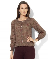 A delicate print accents Lauren Jeans Co.'s peasant top crafted from soft cotton with smocked accents for a romantic look A delicate print accents Lauren Jeans Co.'s peasant top crafted from soft cotton with smocked accents for a romantic look