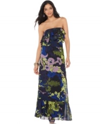Ultra-feminine, ruffles up the flirt factor on this MM Couture floral-printed maxi dress! Ultra-feminine, ruffles up the flirt factor on this MM Couture floral-printed maxi dress!