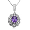 Sterling Silver Oval Amethyst with Created White Sapphire Accents Diamond Flower Pendant Necklace, 18