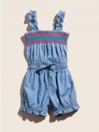 GUESS Rainbow Smocked Chambray Romper, CHAMBRAY (18M) GUESS Rainbow Smocked Chambray Romper, CHAMBRAY (18M)