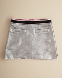 An adorably shiny party skirt for the apple of your eye, this metallic mini features a contrast ribbon and faux front pockets. An adorably shiny party skirt for the apple of your eye, this metallic mini features a contrast ribbon and faux front pockets.