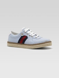 Super sporty and ultra refined in fresh striped cotton with signature webbing and leather trim.Cotton upperFive-grommet lace-up frontStriped webbed accentLeather collar and backRope-edged rubber soleMade in Italy Super sporty and ultra refined in fresh striped cotton with signature webbing and leather trim.Cotton upperFive-grommet lace-up frontStriped webbed accentLeather collar and backRope-edged rubber soleMade in Italy