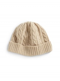 THE LOOKSmooth knit crownAllover cable knitTurn-back edge with ribbed trimTHE MATERIALCashmereCARE & ORIGINDry cleanImported THE LOOKSmooth knit crownAllover cable knitTurn-back edge with ribbed trimTHE MATERIALCashmereCARE & ORIGINDry cleanImported