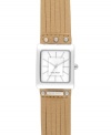 Natural tones bring soothing appeal with this Nine West watch. Crafted of brown cut leather strap with stud detail and square silver tone mixed metal case. White dial features silver tone stick indices, minute track, hour and minute hands, sweeping second hand and logo at six o'clock. Quartz movement. Limited lifetime warranty.
