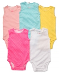 She'll have many outfitting options with this super soft 5 piece sleeveless cotton bodysuit set. She'll have many outfitting options with this super soft 5 piece sleeveless cotton bodysuit set.