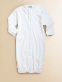 This soft cotton one-piece can be converted from a gown to legs.Picot trimBlue dot-trimmed front snap closuresElastic at anklesMachine washCottonImported This soft cotton one-piece can be converted from a gown to legs.Picot trimBlue dot-trimmed front snap closuresElastic at anklesMachine washCottonImported