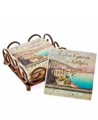 Designed to inspire, Thirstystone coasters will protect tables and have you dreaming of the Italian Riviera with a full-color image set in natural travertine. With cork backing and wrought iron holder. Designed to inspire, Thirstystone coasters will protect tables and have you dreaming of the Italian Riviera with a full-color image set in natural travertine. With cork backing and wrought iron holder.