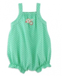 Chez Ami by Patsy Aiken Designs Girls Sleeveless One Piece Knit Bubble Romper Bay Green/White Pin Dot Print w/Flower Embroidery - Size 12M Chez Ami by Patsy Aiken Designs Girls Sleeveless One Piece Knit Bubble Romper Bay Green/White Pin Dot Print w/Flower Embroidery - Size 12M