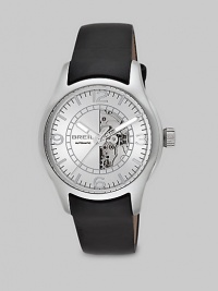 A modern timepiece destined for years of use with a sleek skeleton face, luminous markers and the durability of stainless steel. Round bezel Automatic movement Water resistant to 10ATM Second hand Stainless steel case: 41.5mm (1.63) Leather strap Made in Switzerland A modern timepiece destined for years of use with a sleek skeleton face, luminous markers and the durability of stainless steel. Round bezel Automatic movement Water resistant to 10ATM Second hand Stainless steel case: 41.5mm (1.63) Leather strap Made in Switzerland