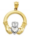 A touch of Celtic inspiration. This symbolic Claddagh charm is crafted in polished 14k gold and sterling silver with a pretty cut-out design. Chain not included. Approximate length: 1-1/10 inches. Approximate width: 4/5 inch.