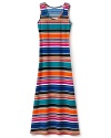 A sleeveless maxi dress makes your summer look pop with bold stripes in various widths, printed horizontally from shoulder to hem.