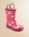 She'll love stomping in puddles when she pulls on these adorable rubber boots with a soft jersey lining, pink stars and handles for easy on and off.Rubber upperCotton liningRubber soleImported