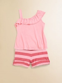 This sweet set pairs a pretty ruffled, one-shoulder top and boldly striped shorts with cuffed hem for a vibrant ensemble. Top Ruffled, asymmetrical necklineOne-shoulder with strapPullover styling Shorts Elastic waistbandCuffed hem50% tencel/42% cotton/8% lycraMachine washMade in USA This sweet set pairs a pretty ruffled, one-shoulder top and boldly striped shorts with cuffed hem for a vibrant ensemble. Top Ruffled, asymmetrical necklineOne-shoulder with strapPullover styling Shorts Elastic waistbandCuffed hem50% tencel/42% cotton/8% lycraMachine washMade in USA