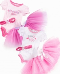 Show off her girlie-girl side in this sweet set from Cutie Pie Baby. The bodysuit comes with a tutu that can be easily removed and a matching headband to top off the little performer's outfit. Show off her girlie-girl side in this sweet set from Cutie Pie Baby. The bodysuit comes with a tutu that can be easily removed and a matching headband to top off the little performer's outfit.