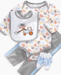 We're sure your little man will dig this adorable Cutie Pie set featuring socks, pants, a truck printed bodysuit and a bib dedicated to dad. We're sure your little man will dig this adorable Cutie Pie set featuring socks, pants, a truck printed bodysuit and a bib dedicated to dad.