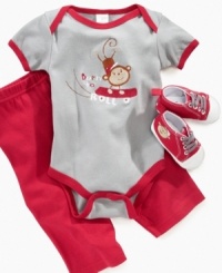 On a roll. He'll be moving along in style with this bodysuit, pant and pre-walker booties 3-piece set from Cutie Pie Baby. On a roll. He'll be moving along in style with this bodysuit, pant and pre-walker booties 3-piece set from Cutie Pie Baby.