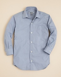 DKNY's mini-check button down shirt updates his dressy wardrobe with a versatile piece that adapts to his personal look. DKNY's mini-check button down shirt updates his dressy wardrobe with a versatile piece that adapts to his personal look.