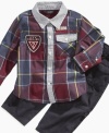 Start his smart style early with this plaid shirt and pant set from Guess.