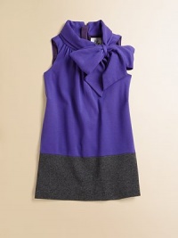 Rendered in Italian ponti jersey, this sleeveless, colorblocked frock has a fancy, frilly bowneck.Turtleneck with fixed bowSleevelessHidden back zipperViolet: 85% viscose/11% nylon/4% elastaneSlate: 98% viscose/2% elastaneDry cleanMade in the USA of imported fabric Rendered in Italian ponti jersey, this sleeveless, colorblocked frock has a fancy, frilly bowneck.Turtleneck with fixed bowSleevelessHidden back zipperViolet: 85% viscose/11% nylon/4% elastaneSlate: 98% viscose/2% elastaneDry cleanMade in the USA of imported fabric