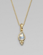 A luminescent blue moonstone in a beautiful teardrop shape with a pavé diamond bale and three dazzling diamonds set in radiant 18k gold. Blue moonstoneDiamonds, .135 tcw18k goldSize, about ½Diamond accented 18k gold baleMade in ItalyPlease note: Necklace sold separately. 