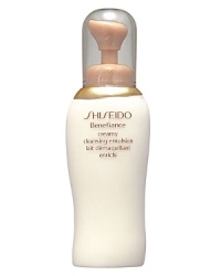 Shiseido Benefiance Creamy Cleansing Emulsion. A gentle emulsion cleanser that rinses or tissues off, leaving skin exceptionally clean and moisturized. Bio-compatible agents gently and effectively remove all traces of makeup and impurities. May also be used as an eye makeup remover. Recommended for normal to very dry skin. Use daily as first step of skincare routine. Shiseido Benefiance Creamy Cleansing Emulsion. A gentle emulsion cleanser that rinses or tissues off, leaving skin exceptionally clean and moisturized. Bio-compatible agents gently and effectively remove all traces of makeup and impurities. May also be used as an eye makeup remover. Recommended for normal to very dry skin. Use daily as first step of skincare routine.