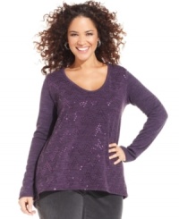 Shine this season in Style&co.'s long sleeve plus size top, accented by an embellished front. Shine this season in Style&co.'s long sleeve plus size top, accented by an embellished front.