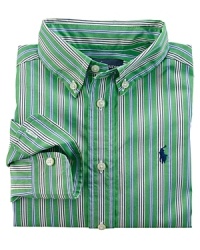 A long-sleeved sport shirt is rendered in bright, crisp multi-striped cotton poplin. A long-sleeved sport shirt is rendered in bright, crisp multi-striped cotton poplin.