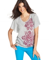 Summer's in bloom: Style&co.'s flutter-sleeve tee features a bold floral print with a touch of metallic shine. Summer's in bloom: Style&co.'s flutter-sleeve tee features a bold floral print with a touch of metallic shine.