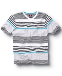 The sharp striped pattern on this v-neck t-shirt from Quiksilver will get him known for his schoolyard sartorial sensibilities. The sharp striped pattern on this v-neck t-shirt from Quiksilver will get him known for his schoolyard sartorial sensibilities.