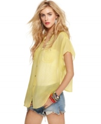 An asymmetrical hi-lo hem adds edge to this sheer Free People chiffon blouse -- a hot summer must-have! An asymmetrical hi-lo hem adds edge to this sheer Free People chiffon blouse -- a hot summer must-have!
