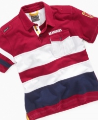 He'll love sporting stripes in this athletic-inspired polo shirt from Akademiks. He'll love sporting stripes in this athletic-inspired polo shirt from Akademiks.