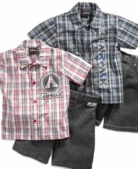 A savvy pair. He'll be spiffy, stylish and comfortable in this plaid shirt and jean short Airwalk set from Clubhouse. A savvy pair. He'll be spiffy, stylish and comfortable in this plaid shirt and jean short Airwalk set from Clubhouse.