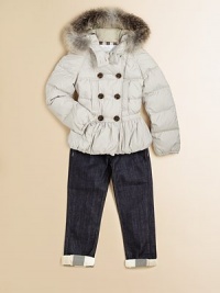 Battle the elements in style in this puffy topper with attached hood, detachable goldern fox fur trim
