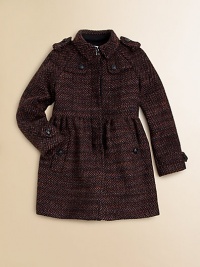 A wonderfully rich wool-blend herringbone tweed is styled with trench details and an elegant, grown-up shape she can wear for dress or school.Point collar with hook at neckShoulder epaulettesFront button gunflapsEmpire waistLong raglan sleeves with button tabsHidden button placketGently gathered skirtAngled button welt pocketsBack inverted pleat and half beltFully linedAcrylic/wool/nylon/polyesterDry cleanImported A wonderfully rich wool-blend herringbone tweed is styled with trench details and an elegant, grown-up shape she can wear for dress or school.Point collar with hook at neckShoulder epaulettesFront button gunflapsEmpire waistLong raglan sleeves with button tabsHidden button placketGently gathered skirtAngled button welt pocketsBack inverted pleat and half beltFully linedAcrylic/wool/nylon/polyesterDry cleanImported