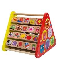 It's 4 sides of fun! ALEX Toy's wooden activity triangle includes racing rollers, turning picture tiles, mirror and funny faces. It's 4 sides of fun! ALEX Toy's wooden activity triangle includes racing rollers, turning picture tiles, mirror and funny faces.