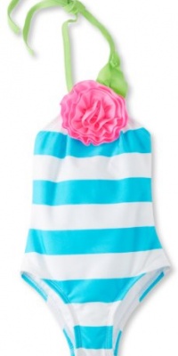 Love U Lots Girls 2-6X 1 Piece Stripe with Flower Swimsuit, Light Blue, 2T