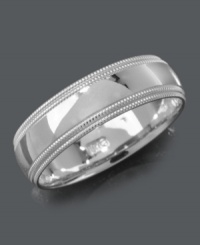 Effortless style to complement any ensemble. Men's ring features a shiny surface with intricate bead detailing at the edges. Set in 14k white gold. Sizes 6-13. Effortless style to complement any ensemble. Men's ring features a shiny surface with intricate bead detailing at the edges. Set in 14k white gold. Sizes 6-13.