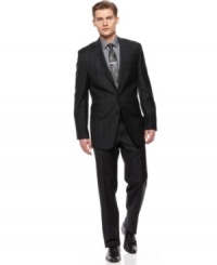 In basic black, this Calvin Klein suit creates the perfect foundation for a look that is strong on details. In basic black, this Calvin Klein suit creates the perfect foundation for a look that is strong on details.
