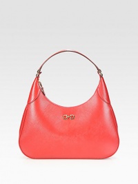 A rounded silhouette of ultra-rich Italian Saffiano leather is instantly elegant and sleek. Leather top handle, 7 dropTop zip closureOne inside zip pocketTwo inside open pocketsFully lined13W X 7H X 2¼DMade in Italy A rounded silhouette of ultra-rich Italian Saffiano leather is instantly elegant and sleek. Leather top handle, 7 dropTop zip closureOne inside zip pocketTwo inside open pocketsFully lined13W X 7H X 2¼DMade in Italy