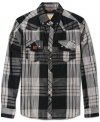 How to make an old standby like the plaid shirt look stylish this season: Keep the plaid, lose the color, and pump up the volume. Long-sleeved sport shirt by Triple Fat Goose.