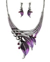 Silvertone Purple Leaf Statement Necklace and Earrings Set Fashion Jewelry