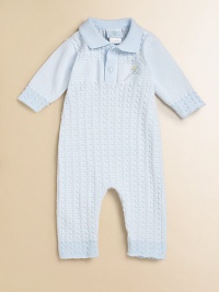 A cozy, collared, cotton one-piece with cable-knit detail and horse appliqué.Shirt collarShort sleevesButton frontBottom snapsCottonMachine washImported Please note: Number of buttons and snaps may vary depending on size ordered. A cozy, collared, cotton one-piece with cable-knit detail and horse appliqué.Shirt collarShort sleevesButton frontBottom snapsCottonMachine washImported Please note: Number of buttons and snaps may vary depending on size ordered.